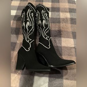 Fashion Nova Black Knee-High Western Heeled Boots with White Stitching